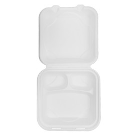 Menübox Zuckerrohr 3-Geteilt Weiß 20x20x7,5cm (50 Stück)