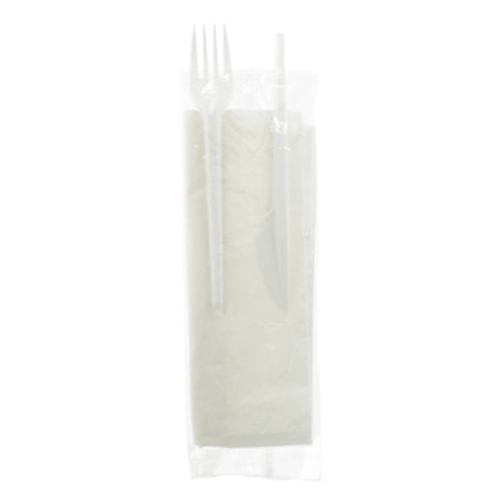 Besteckset Plastik Messer, Gabel und Serviette weiß (25 Stück)
