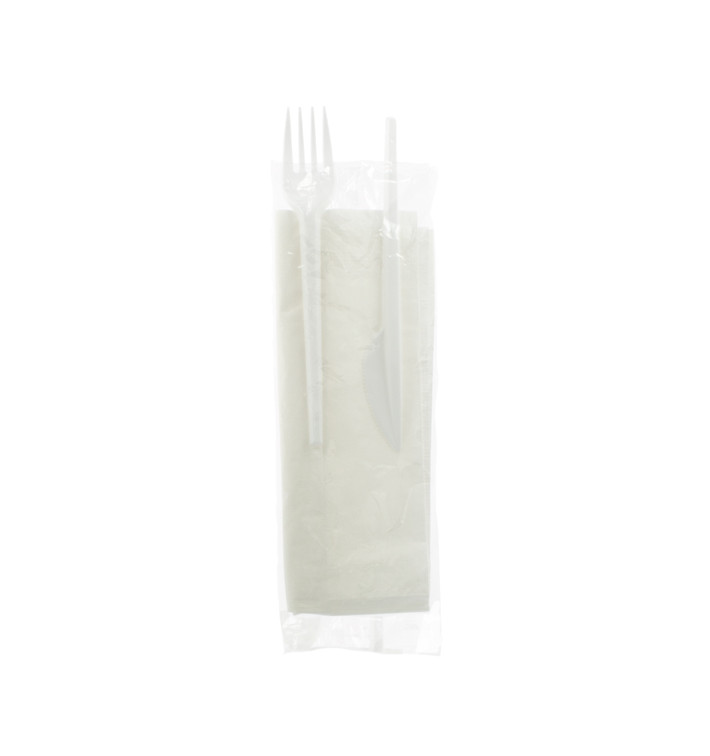Besteckset Plastik Messer, Gabel und Serviette weiß (500 Stück)