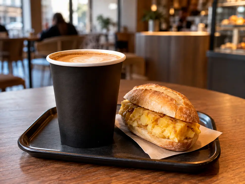 Kaffee zum Mitnehmen und ein Sandwich
