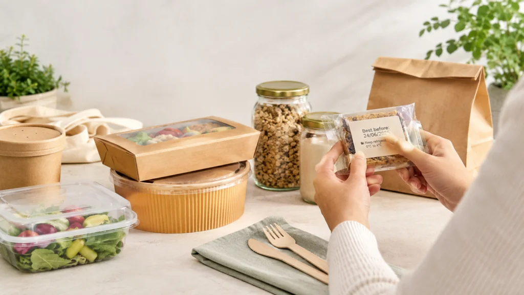 Persona revisando etiquetas de alimentos para interpretar fechas de caducidad y consumo preferente.