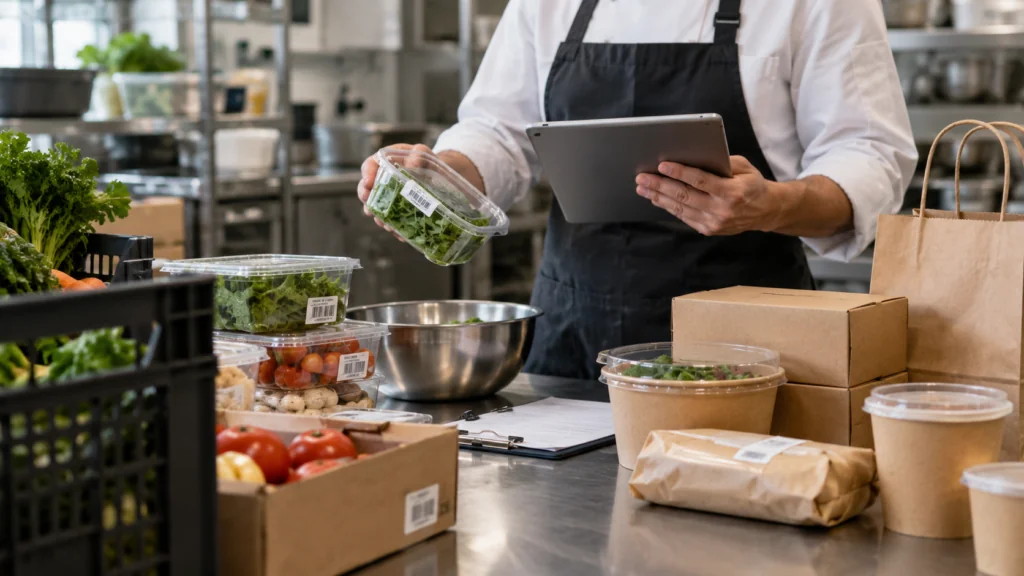Mitarbeiter kontrolliert Produkte und Aufzeichnungen zu den Arten der Rückverfolgbarkeit von Lebensmitteln in einem Restaurant