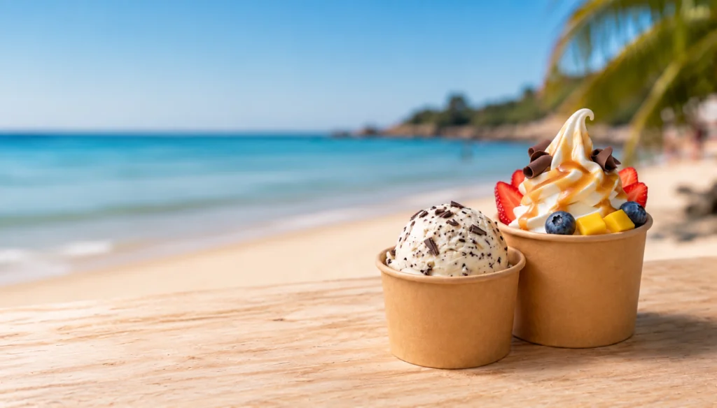 Tarrinas para helado, yogurt helado y açaí con toppings, frutas y postres fríos para take away.
